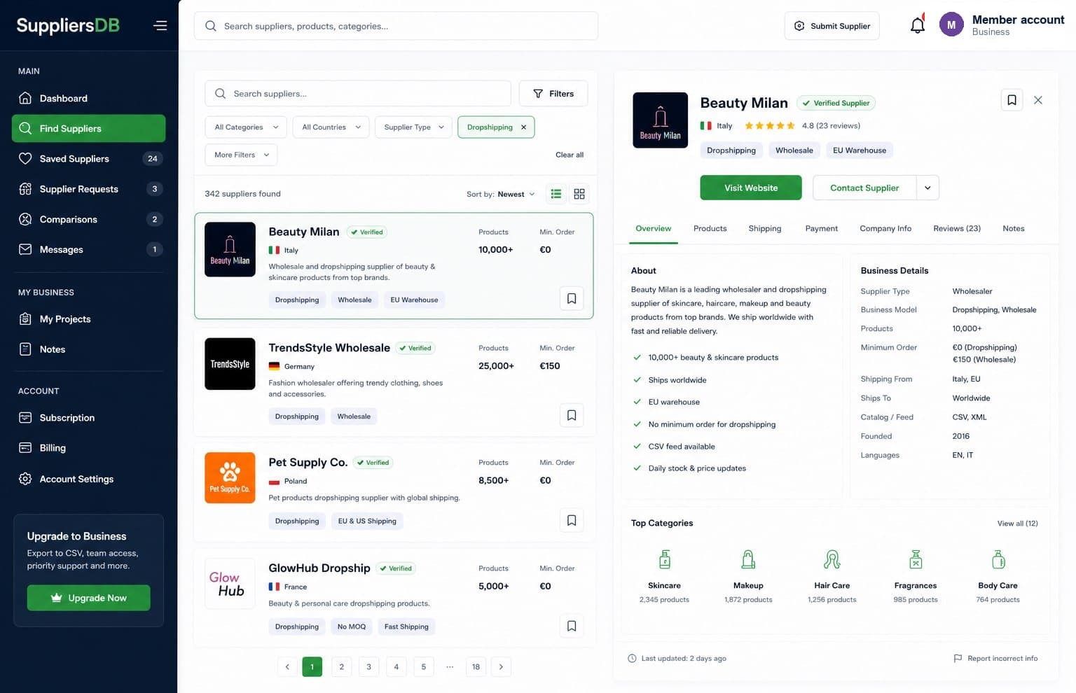 SuppliersDB member dashboard supplier search screen